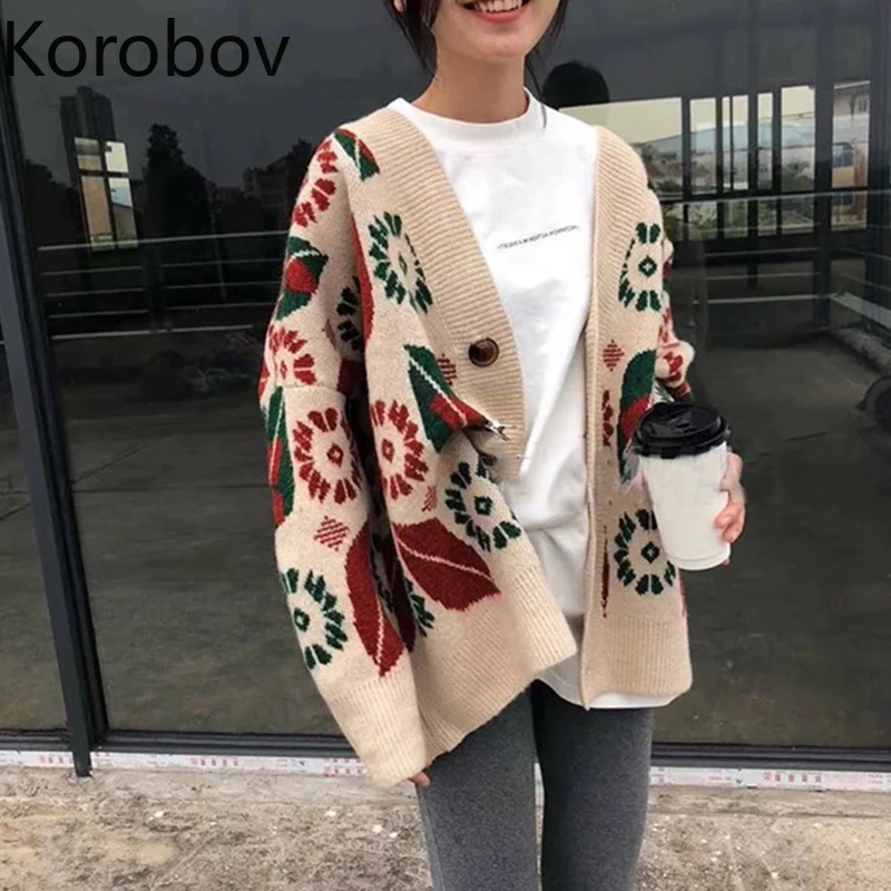 Korobov корейские модные вязаные кардиганы с v-образным вырезом винтажные Зимние