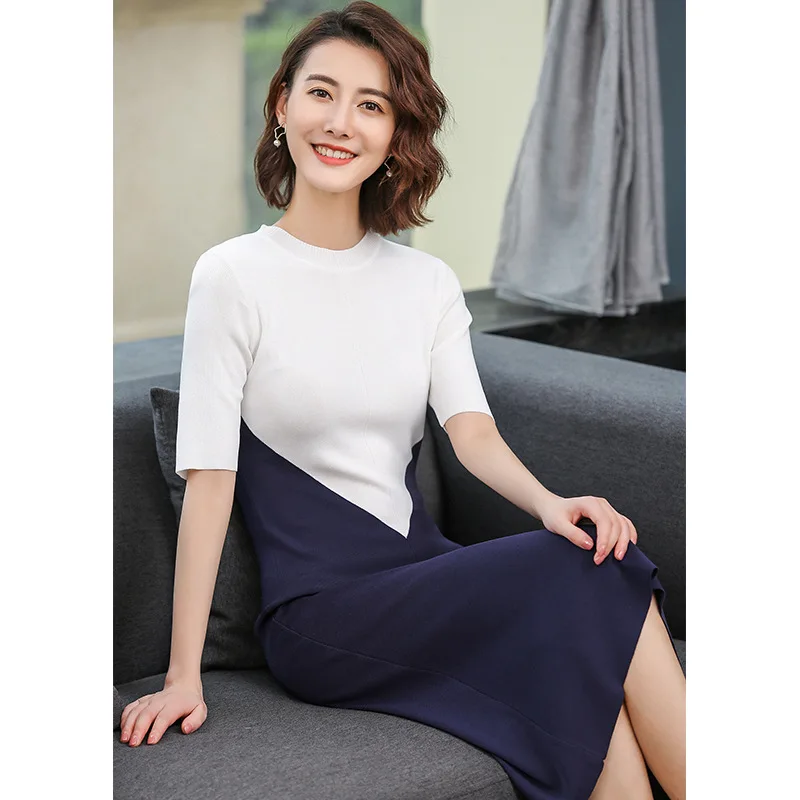 2019 Fashion Women's New Short-sleeved Mid-length Dress Color Matching Waist Slimming Ice Knit | Женская одежда