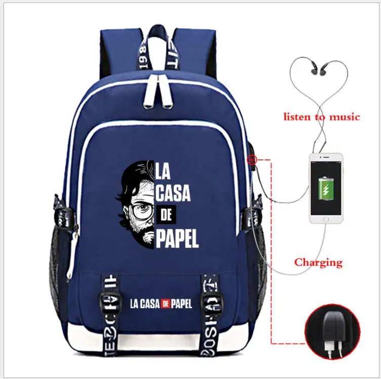 La Casa De Papel Оксфорд рюкзак usb зарядка школьная сумка бумажный дом музыка mochila рюкзак дорожная сумка рюкзак для ноутбука - Цвет: as pictures