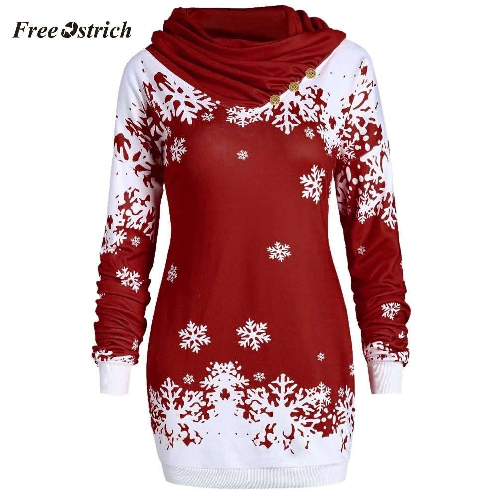 Free Ostrich Christmas T Shirt Women Merry Snowflake Printed Tops Cowl Neck Long sleeve shirt women Winter Clothes 11 | Женская одежда