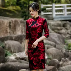 До колена Cheongsam элегантный Qipao Vestidos Размер L-5XL велюровое традиционное китайское Ципао платье