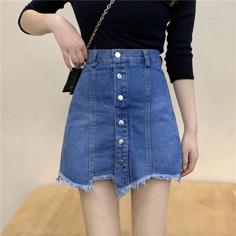 

Student A-Line Blue Basic Short Jeans Skirts For Women Summr Casual High Waist Row Of Button Tassel Ladies Jeans Skirt Jupe Saia