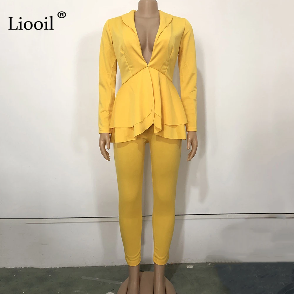 Liooil, комплект из двух предметов, Женская Клубная одежда, осень, длинный рукав, v-образный вырез, Сексуальная Блузка с рюшами и длинные штаны, вечерние, черный, белый костюм