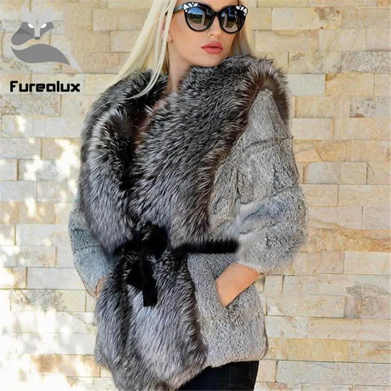 Luxury Natural Real Rabbit Fur Coat With Big Silver Fox Fur Collar Warm ...