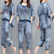 

Blue Denim Suit 2 Piece Set Plus Size Women Cowboy 2020 Summer Outfits Embroidery Top and Pant Suits Loose co-ord sets Clothes