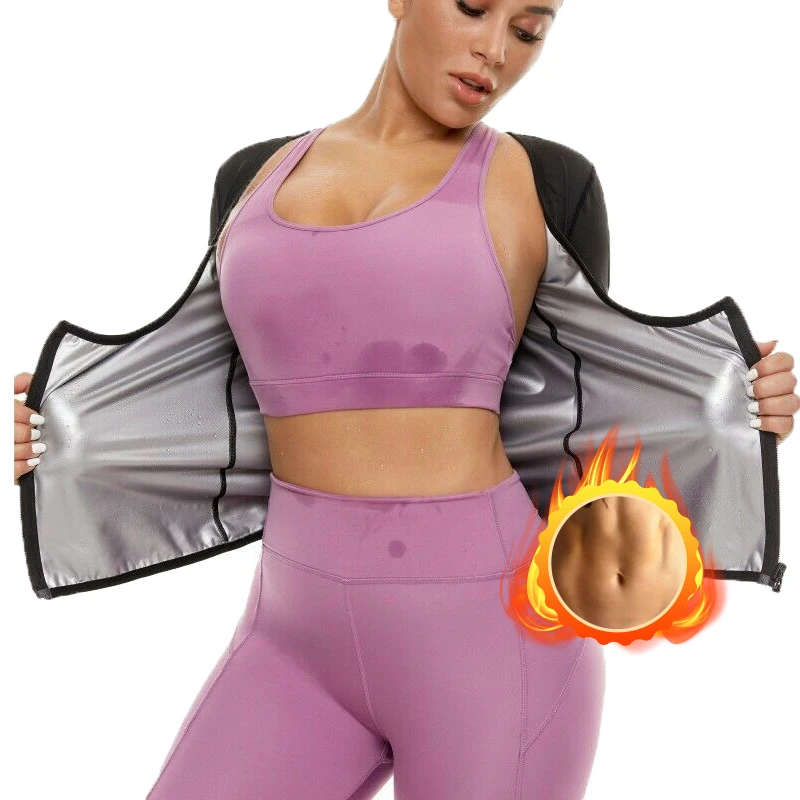 

New Women Sauna Suit Waist Trainer Weight Loss Body Shaper Slimming Shirt Silver Coating Hot Sweat Enhancer Fitness Workout Tops