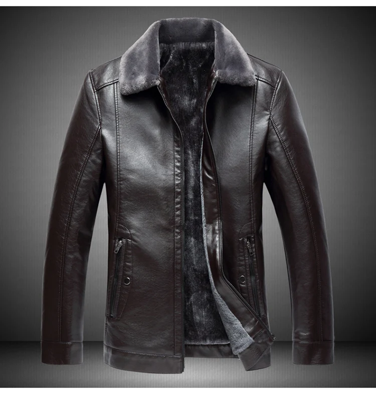 Men's PU Leather Jacket Winter Plus Velvet Thickening Business Men's Slim Jacket, Plus Fertilizer XL Lapel Warm Leather Jacket