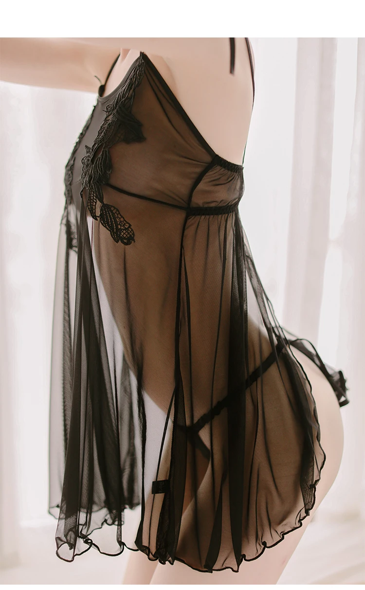 Прозрачные пикантные женская ночная сорочка одежда для сна, пижама подтяжки Ночное Платье вышитое-Цветы одежда для сна