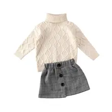 Комплект одежды из 2 предметов для маленьких девочек на зиму и весну, белый свитер с высоким воротником и длинными рукавами Топы, клетчатая мини-юбка, От 2 до 7 лет