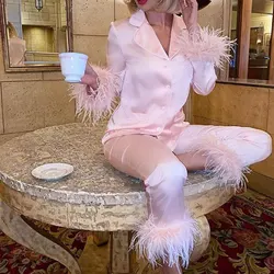 Two Piece Chic Feather Detail Lounge Suits Female Long Sleeve Button Top&Slim Pants Set Solid Ladies Casual Autumn Women Pajamas