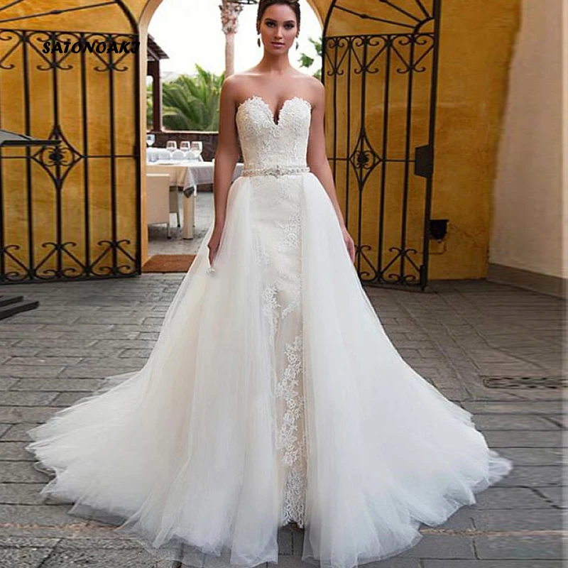 

SATONOAKI Fascinating Sweetheart 2 Pieces Mermaid Wedding Dresses Beading Sash Lace Appliques Bridal Gowns with Detachable Skirt