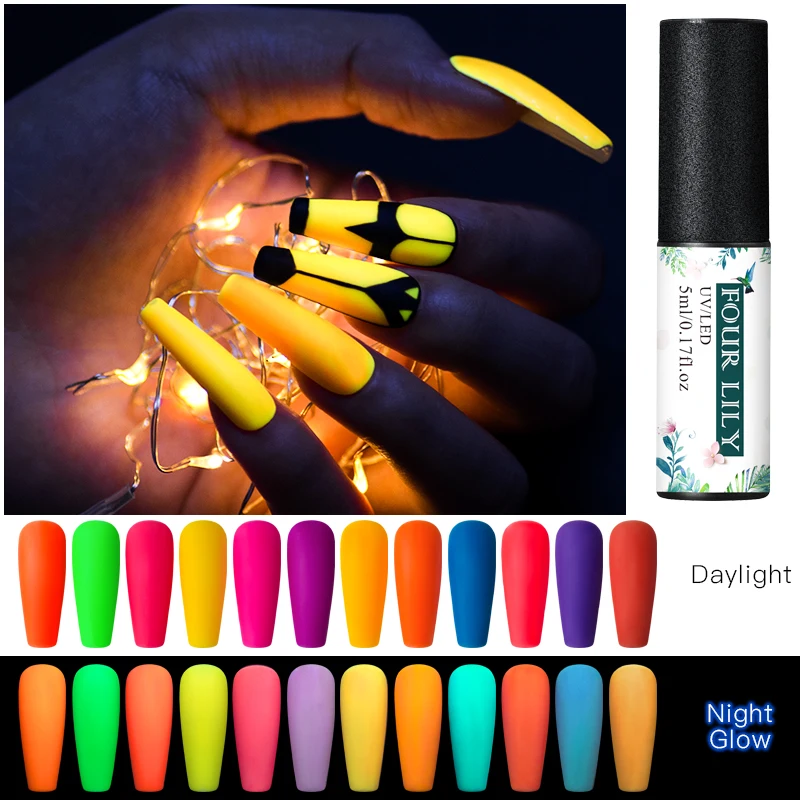 

FOURLILY 5ML Luminous Gel UV LED Soak Off Gel Varnish Semi Permanent Varnish Enamel Glow In Dark