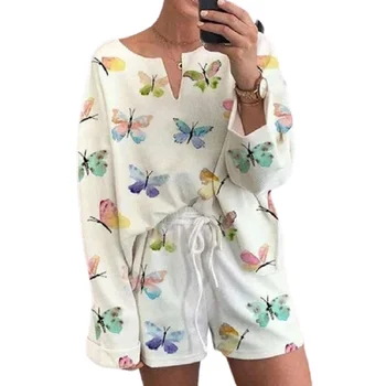 

Autumn Women Fashion Butterfly Print Two Piece Pajama Sets 2020 New Long Sleeve Top And Shorts Set Ladies Home Wear Loungewear