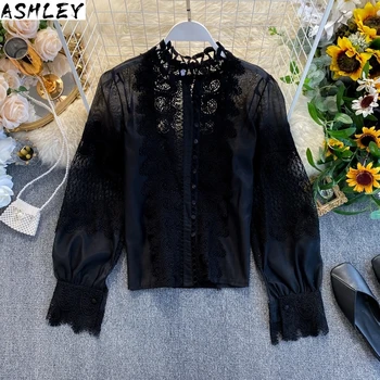 

Spring Long 2020 Lantern Sleeve Lace Hollow Out Stand Collar Shirt Women Tops