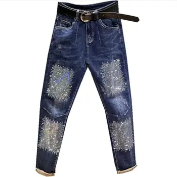 

spring autumn fashion high waist diamond jeans women loose cross pants plus size 26-31