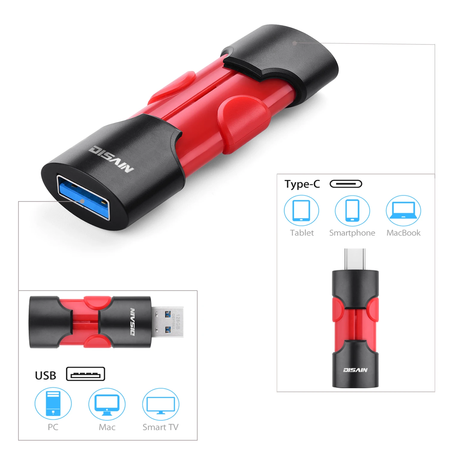 100% Authentic DISAIN 2 in 1 Type-C+USB 3.0 Flash Drive External Storage Memory Stick 64GB 128 GB Pen Drives For Computer Office custom usb drives