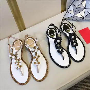 

2020 New Fashion Woman Luxury Crystal Flower Pearl Embellished Flat Blingbling Glitter Sandals Thong Sandals Flip-flops