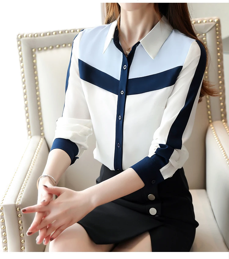 Autumn New Arrival Korean Hot Sale Turn-down Collar Color Block Long Sleeve Woman Chiffon Blouse