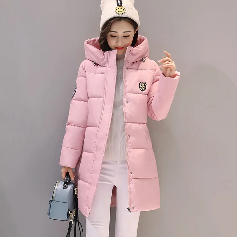 Зимние женские куртки, зимние длинные теплые толстые хлопковые стеганые пуховые парки с капюшоном, женская верхняя зимняя одежда, пальто - Цвет: Light pink