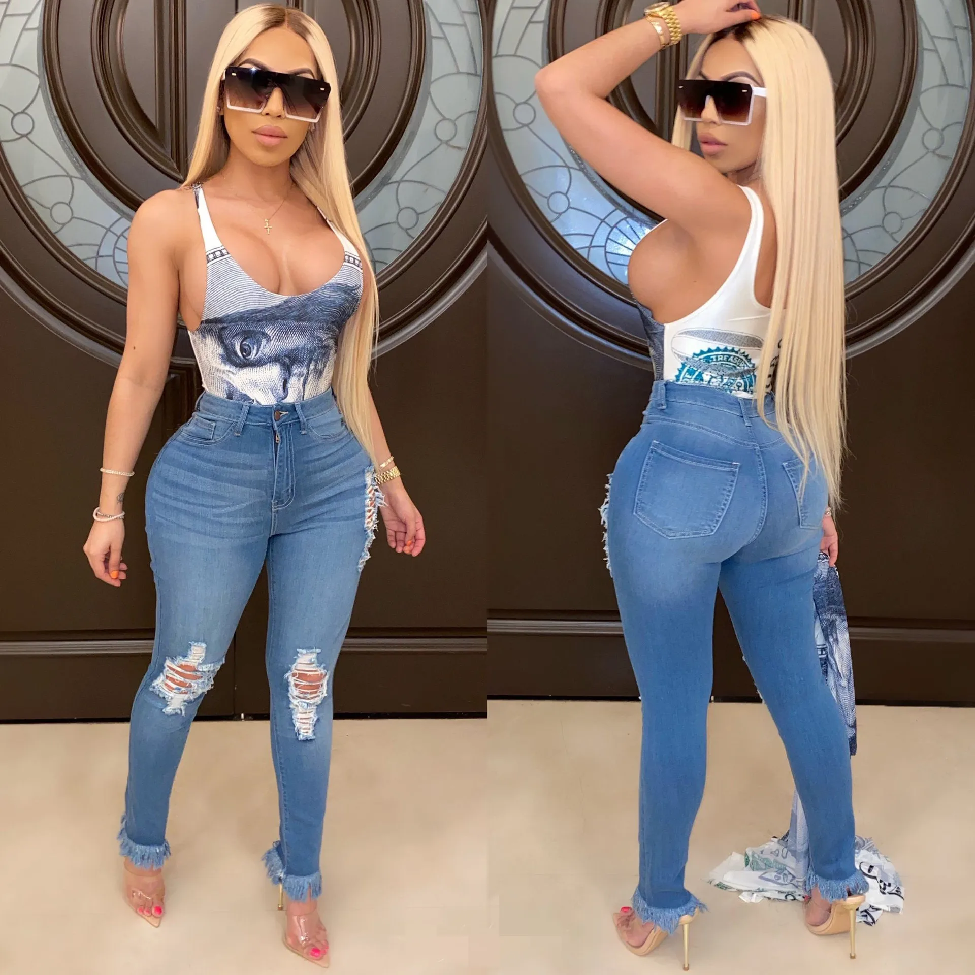Adogirl Ripped Tassel Jeans Denim Pants Adogirl Ripped Tassel Jeans Denim Pants