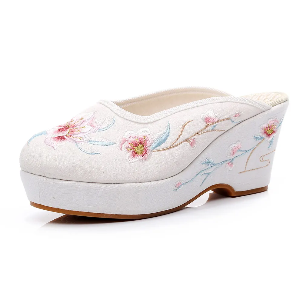 

Vintage 7cm Wedges Ladies Cotton Fabric Mules Shoes Summer Comfort Soft Slip-On Platform Slippers Women Embroidery Slippers