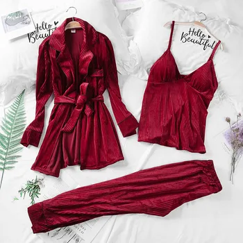 

Gold Velvet Women Pajamas Sets 3 Pieces Solid Loose Long Sleeved Pants Warm Winter Home Clothes Sleepwear Nightwear Pyjamas