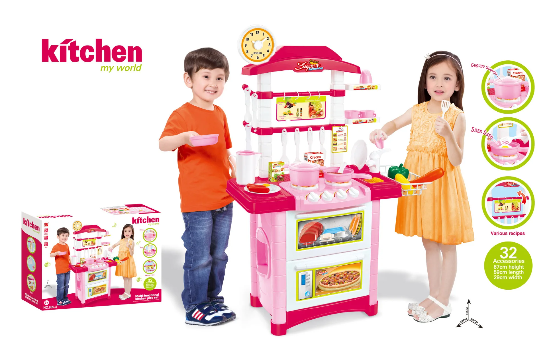  Large Size Children Smart Kitchen Play House Toys Dining Table Set with Light And Music Educational - 4000267363284