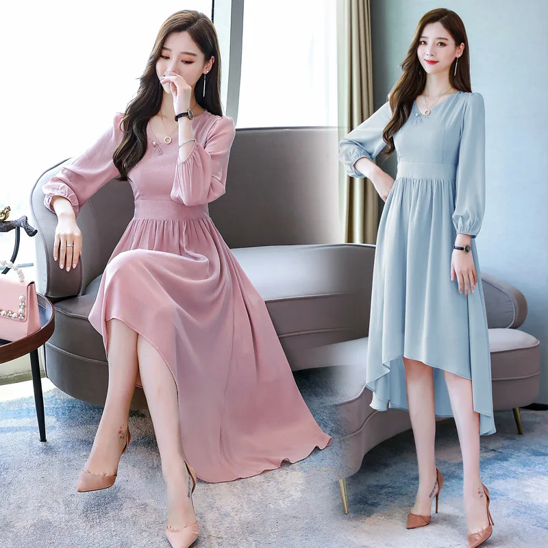 

2020 Spring New Style Fashion Elegant Girly Style nian qing kuan Retro Long Sleeve Modified Version Chiffon Cheongsam Dress