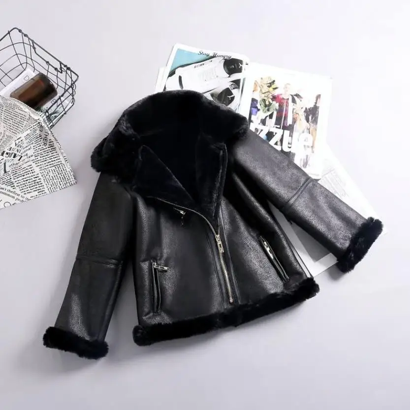 Winter Children Faux Shearling Sheepskin Coats Thicker Warm Lamb PU Leather Jacket For boy girl Black Motorcycle Overcoat Y3465 | Детская