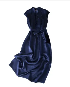 

Triangle jacquard satin luxury pearl silk silk vertical collar Belt Medium Length Dress 2020