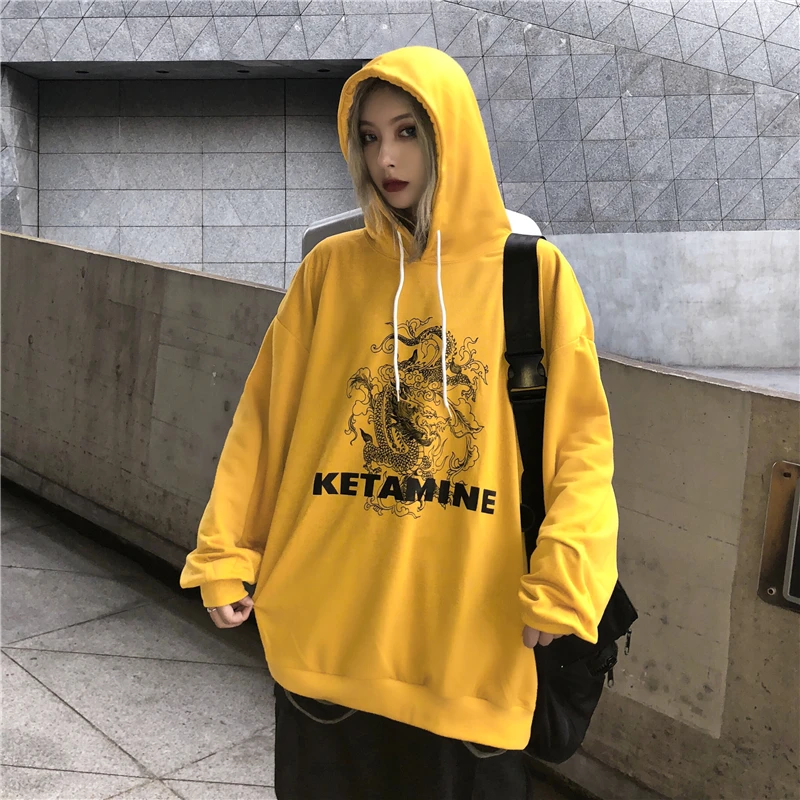 Золотой LMCAVASUN Harajuku Винтажная с драконом печать толстовки осень уличная свободная длинный рукав с капюшоном Пуловеры Толстовка для женщин и мужчин Топ - Цвет: Золотой