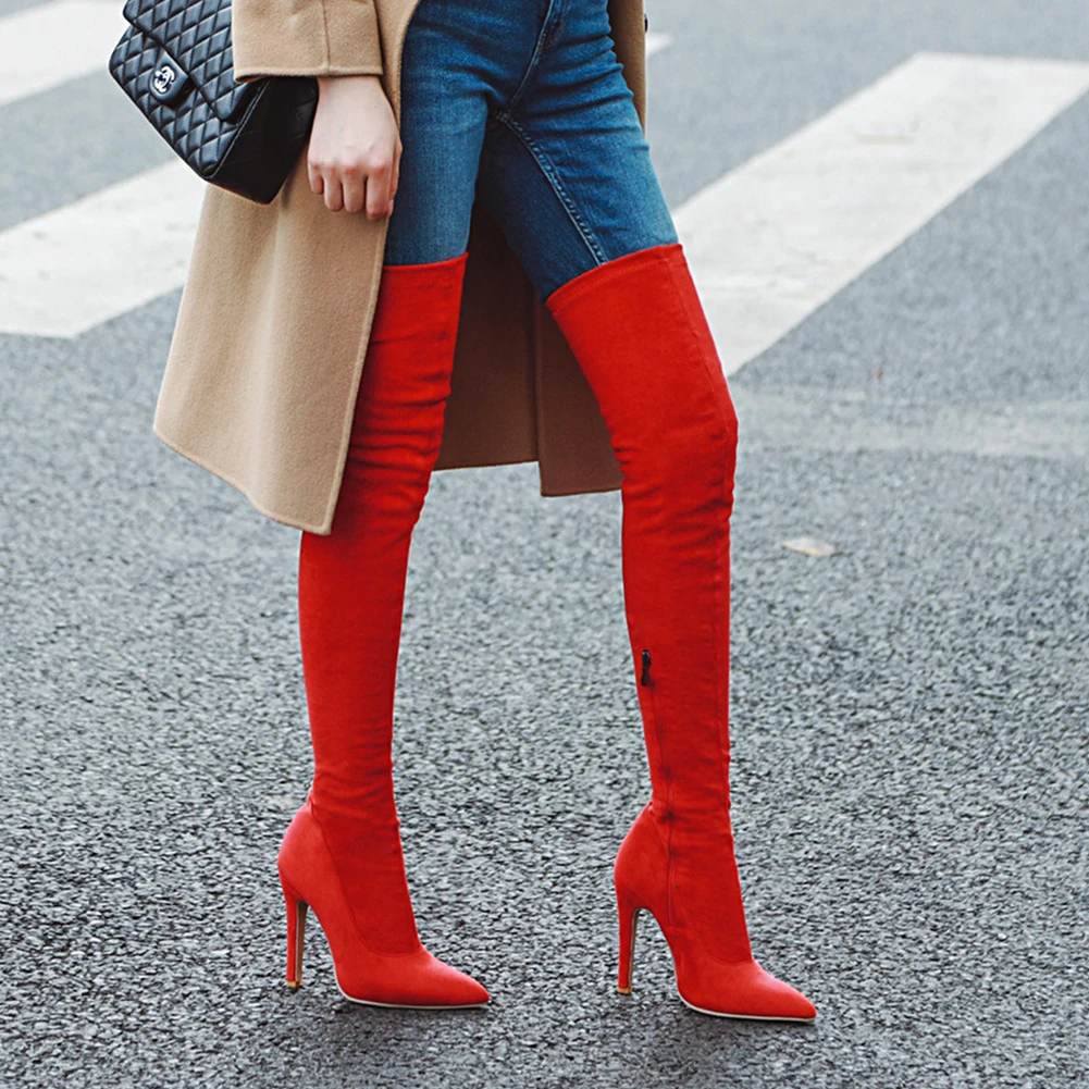 Г. Фирменный дизайн, большой размер 32-48, женская обувь, ботинки замшевые женские ботфорты на высоком тонком каблуке, обувь женская обувь красного и черного цвета