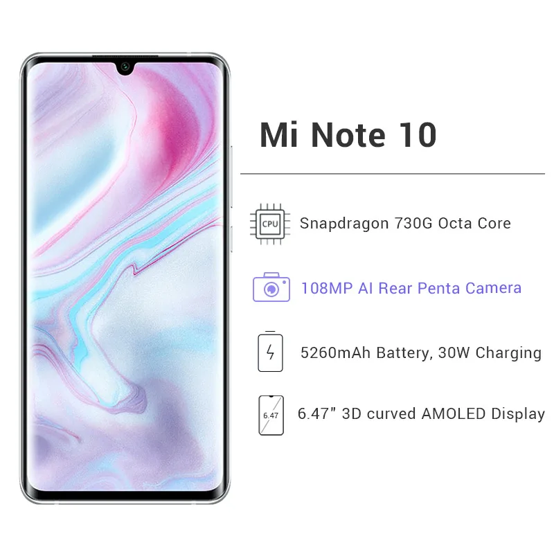 Глобальная версия Xiaomi Mi Note 10, 6 ГБ ОЗУ, 128 Гб ПЗУ, мобильный телефон, 730 МП, пента, камера Snapdragon 6,47G, 5260 дюйма, AMOLED экран, мАч