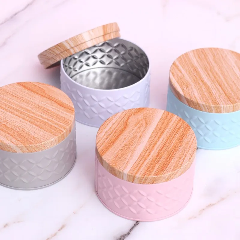 Simple Solid Colour Round Empty Iron Box with Wood Grain Lid Candy Storage Box Jewelry Organizer Home Decor 3