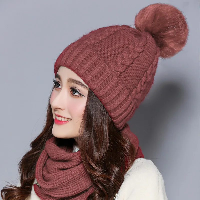 Brown Hat and scarf Женская бархатная шапка, зимняя Корейская версия, шапка из кроличьего меха, шерстяная шапка, женский шарф, двухсекционная Толстая теплая вязаная шапка - Цвет: Brown Hat and scarf