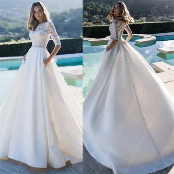 

Satin Muslim Wedding Dresses with Long Sleeves Vestidos De Novia A Line Appliques Boho Bridal Gown Sweep Train Button Illusion