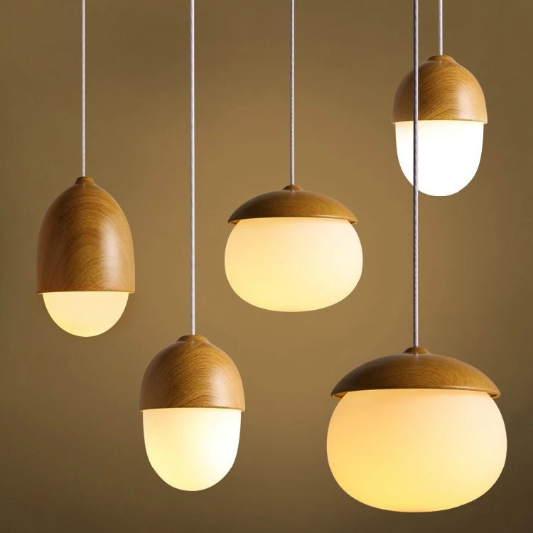

Nuts Acorn Small Mushrooms hanging lamp glass Milky Ball Glass Wood grain Iron modern pendant lamp led Pine cone pendant light