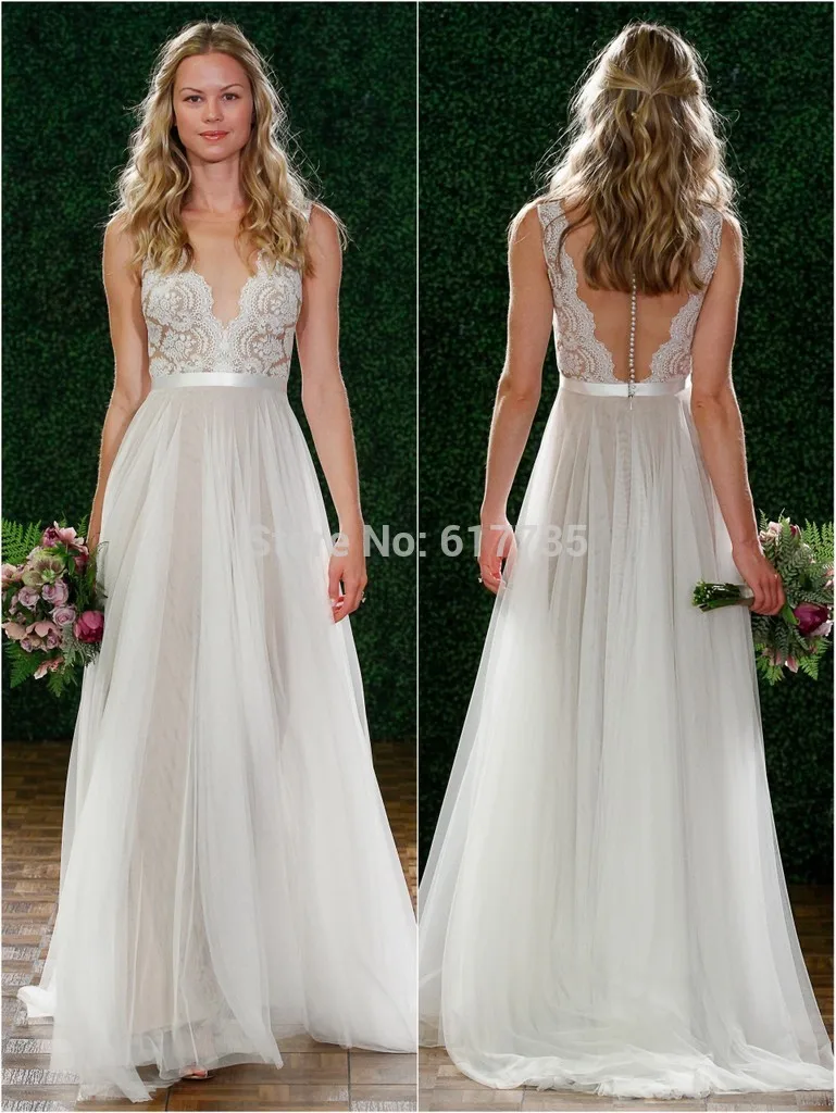 

2019 Summer Deep V-Neck White Beach Wedding Dress Floor Length Tulle Lace Dresses Bride Custom Made Plus Size Free Shipping