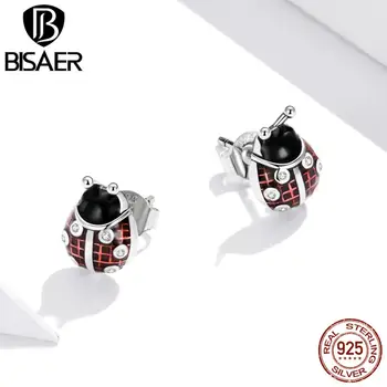 

BISAER 2020 Little Ladybugt Stud Earring 925 Sterling Silver Shining Zircon Vintage Style For Women Wedding Fine Jewelry HSE972