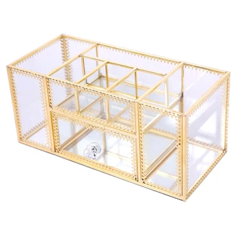 

JHD-Make Up Storage Baskets Vintage Golden Polygon Shaped Organizer Brass Tone Clear Glass Ornate Jewelry Sundries Storage Tray