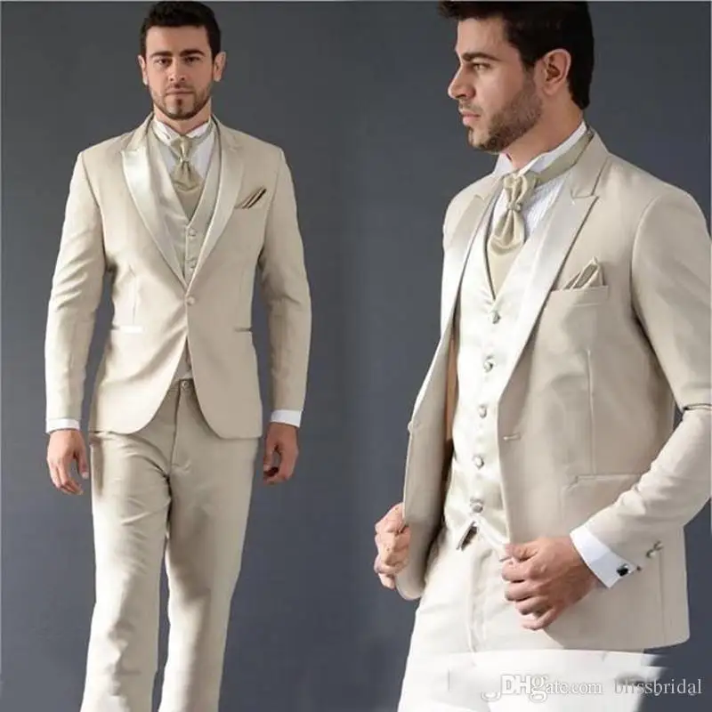 

New Arrival Ivory Men Wedding Suits Slim Fit Bridegroom Tuxedos Cheap Groomsmen Suit Man Prom Suits (jacket+pants+vest)