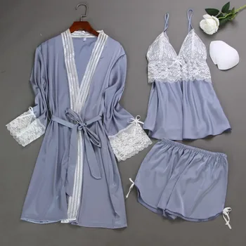 

Sleep Lounge Women Pajamas Sets with Chest Pad Summer Satin Sleepwear Women Casual Pyjama Femme Indoor Clothing 3 PC