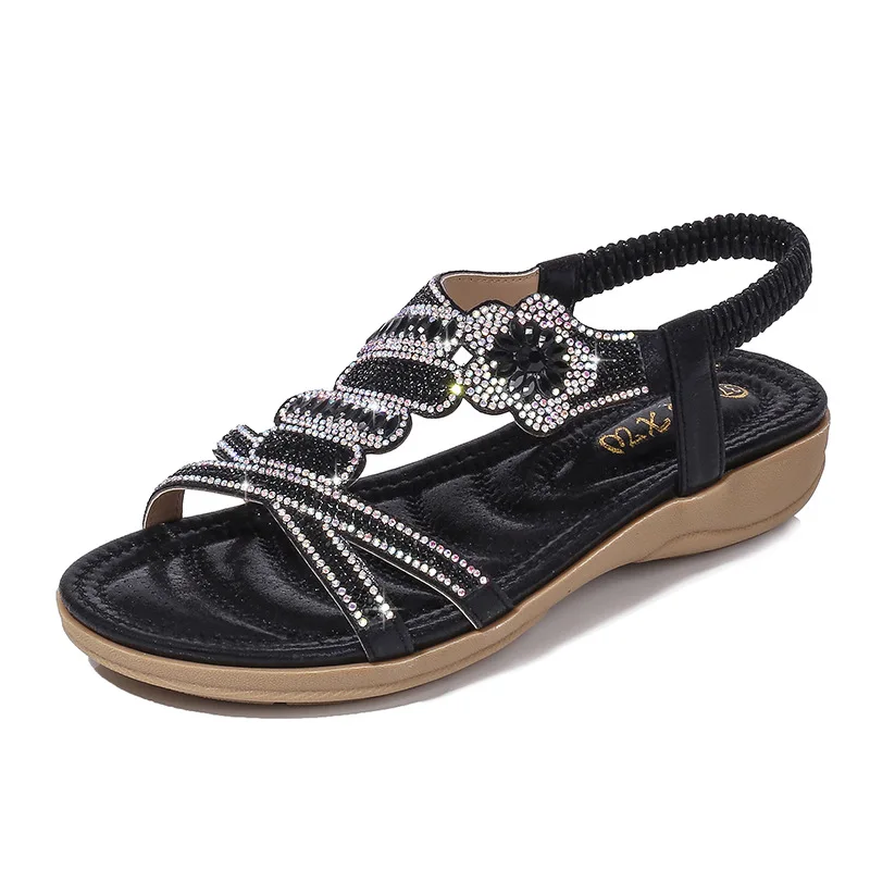 Г., женская обувь сандалии со стразами и цветочным узором сандалии большого размера на плоской подошве женские сандалии с кристаллами - Цвет: Черный
