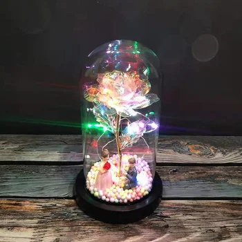 

Beauty And The Beast Rose Magic Rose Set Red Silk Roses And LED Lights Round Glass ON Wooden Valentine'S Day