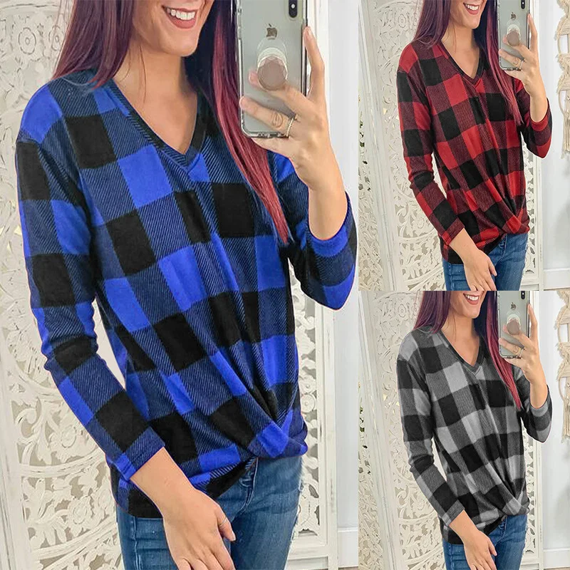 

Lattice Print T Shirt Women Long Sleeve V Neck Loose Tshirt Autumn Winter Fashion Women Tee Shirt Tops Plus Size 5XL