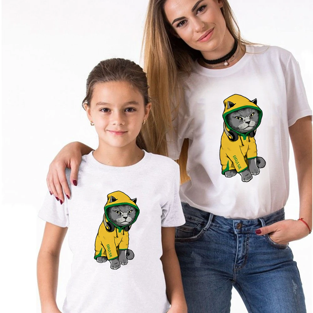 

Korean Trend Personality Family Look Tops Ropa Mujer Cat Cosplay Mommy and Baby Girl Clothes T-shirts Punk Cool O-Neck Tshirt