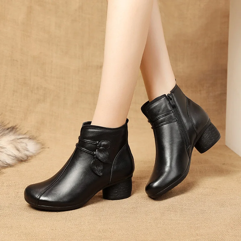 Gktinoo grossos calcanhar ankle boots para mulheres sapatos de couro genuíno artesanais com flor zipper retro novo outono e inverno 2022