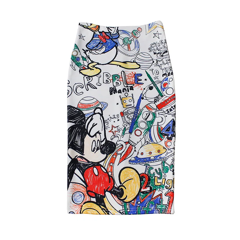 

Women Sexy Autumn Summer Skirts Minnie Mickey Cartoon Slim Midi Skirts High Waist Package Hip Plus Size Club Streetwear Skirt
