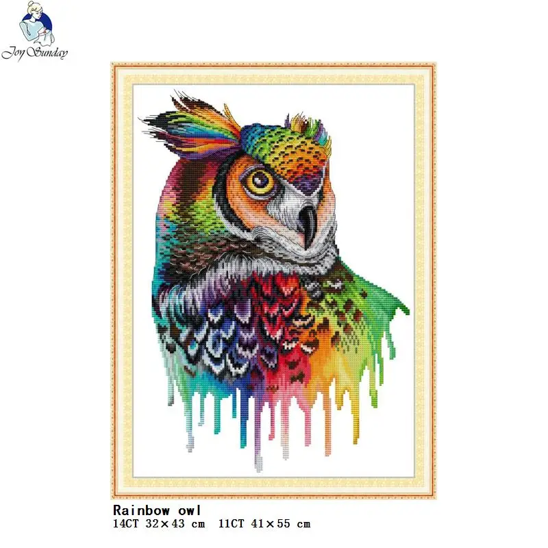 RainbowowlcountedcrossstitchkitAida11ct14ctcolorfulanimal