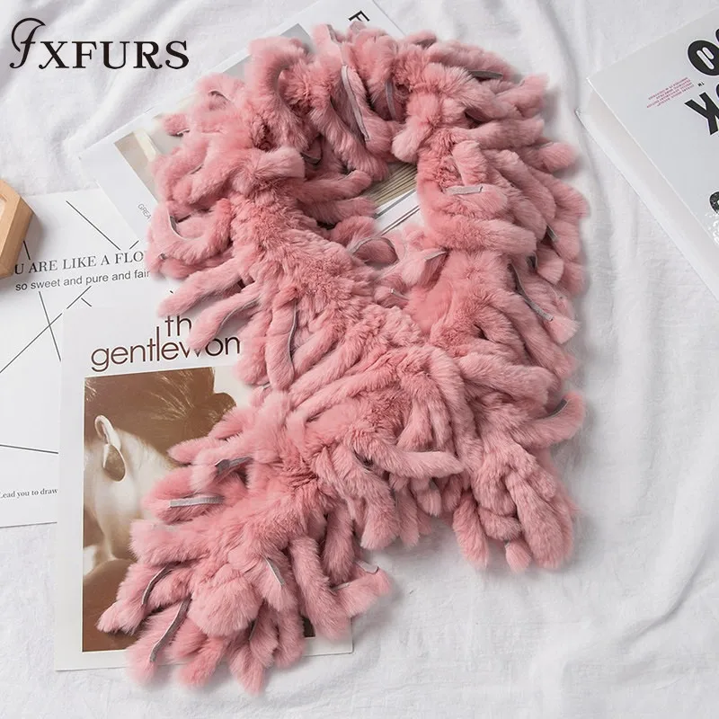 

New Luxury Women's Winter Fur Scarf Genuine Rex Rabbit Fur Scarves Wrap Strips Tassels Fur Scarfs Fluffy Warm Soft